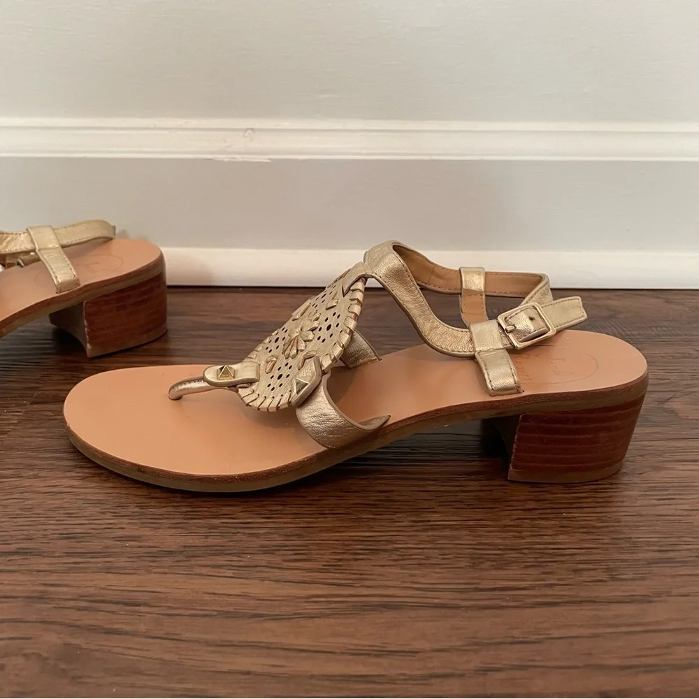 Jack Rogers Gretchen Block Heel Sandals Sz 7 Gold Leather